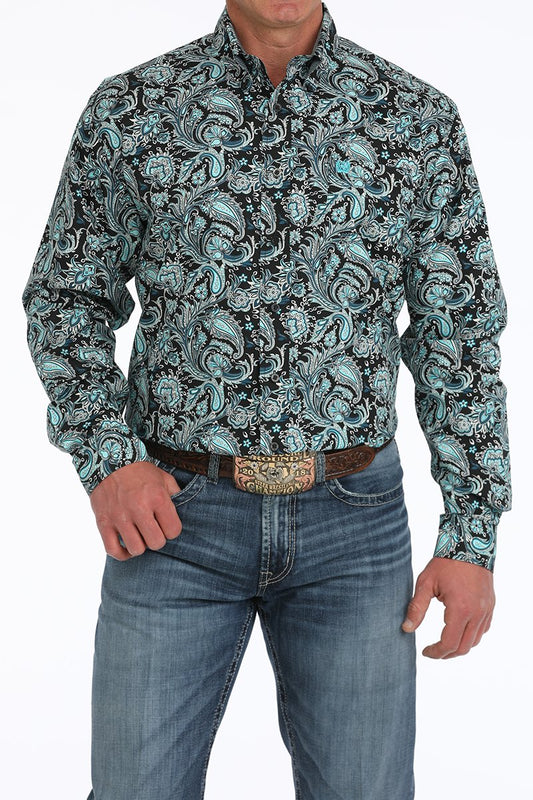 Men's Paisley Print Button-Down Western Shirt- Black
