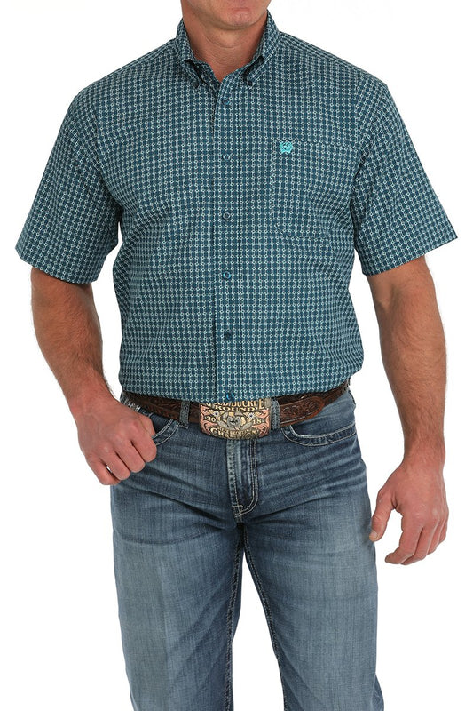 Men's Short Sleeve Geometric Print Button-Down Western Shirt- Blue