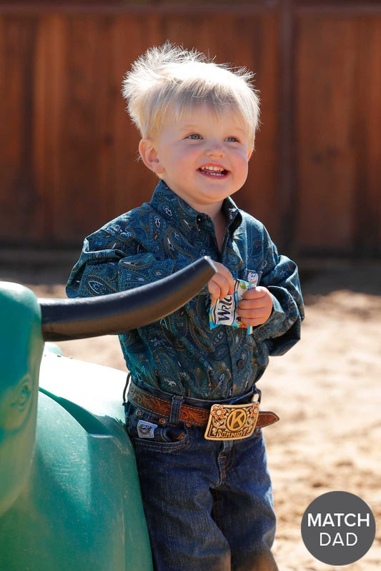 Infant Paisley Print Button Down Western Shirt-Blue