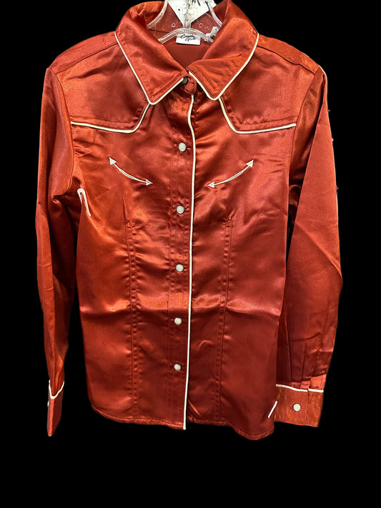 Girls Western Snap Button Long Sleeve-Red Satin