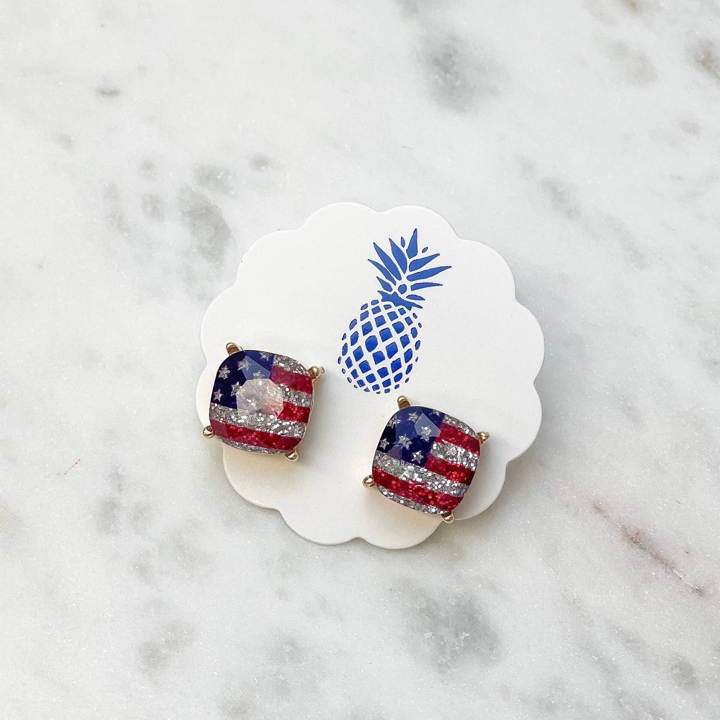 Silver Glitter American Flag Stud Earrings