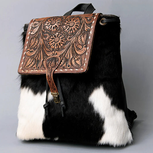 American Darling - Cowhide Leather Backpack W/ Tooled Leather Flap
