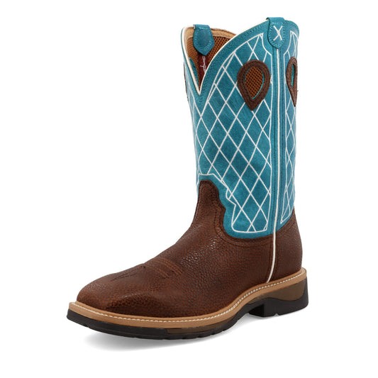 Men's 12" Steel Toe Lite Western Work Boot - Brown Distressed/Turquoise