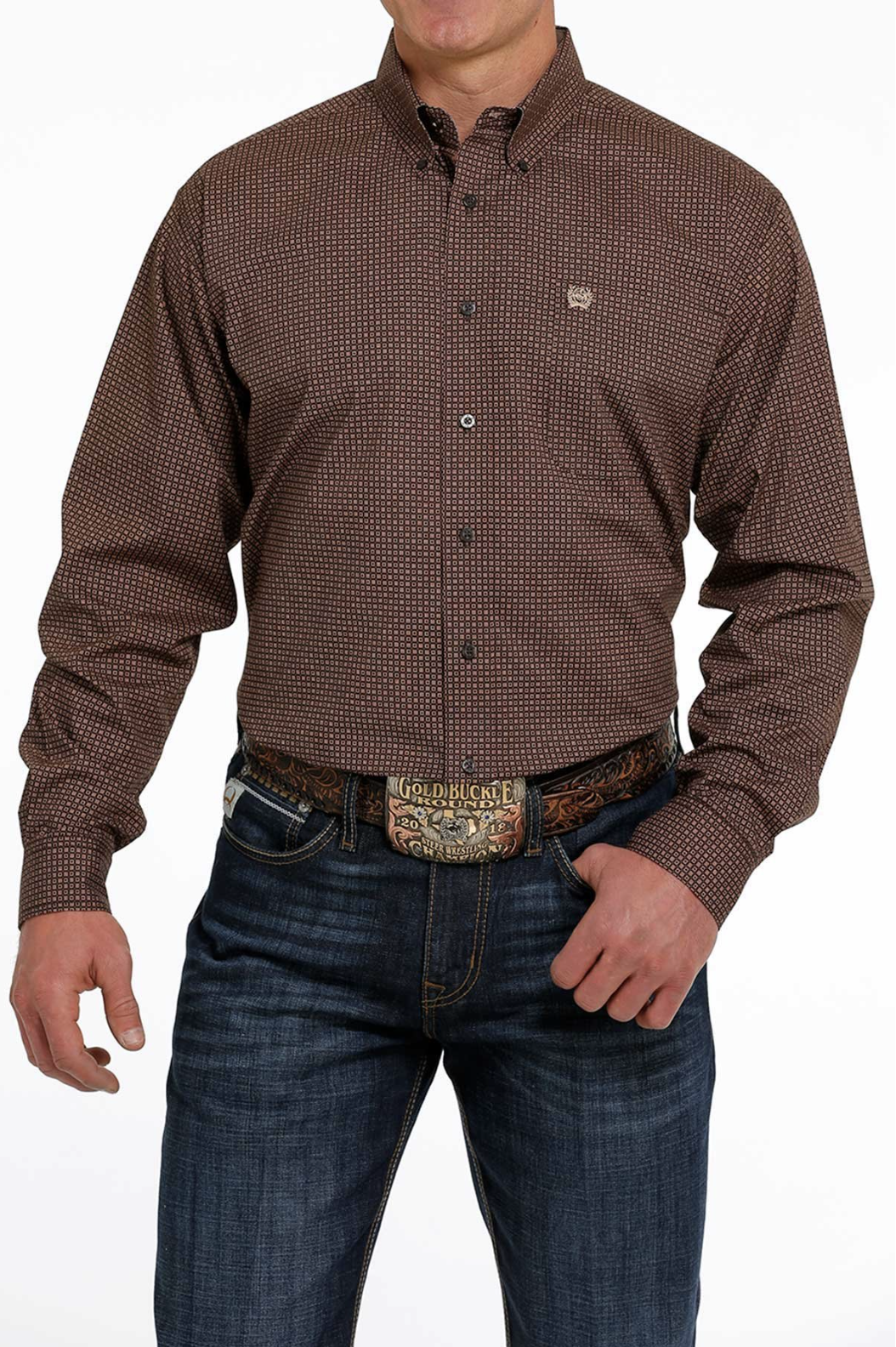Men's Geometric Button-Down Western Shirt - Brown/Khaki