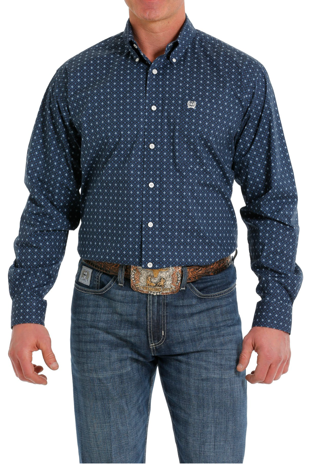 Men's Stretch Geometric Print Button-Down Western Shirt - Blue/Navy/Black