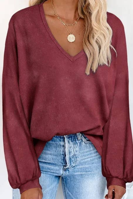 Waffle Knit V Neck Long Sleeve Loose Tunic Top